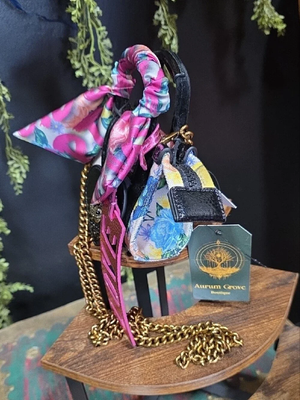 Kurt Geiger Micro Crossbody w/ Floral Scarf Handle Charm w/ Gold Chain & Accents